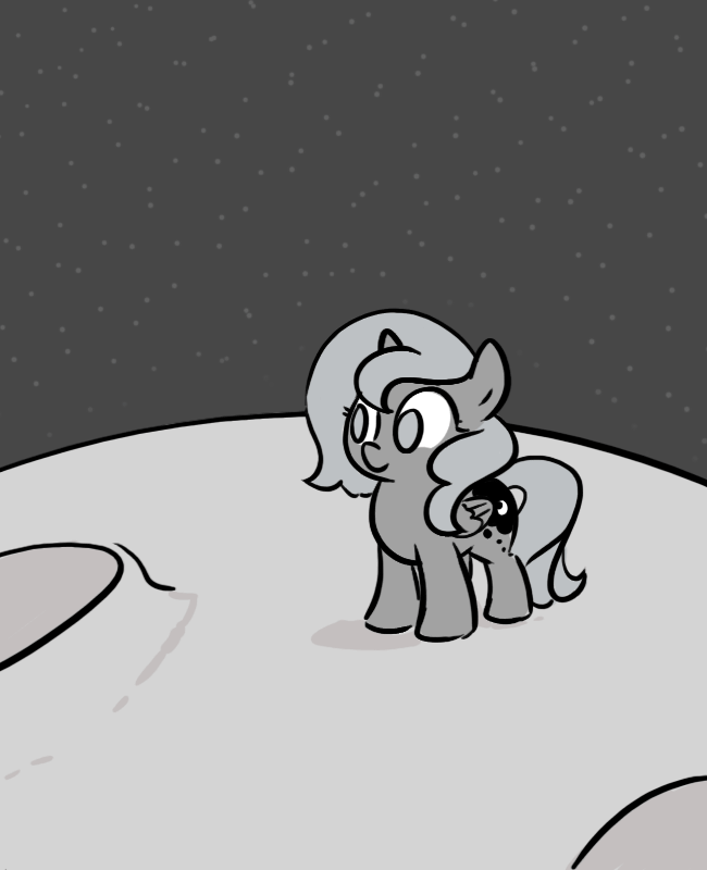 Size: 650x800 | Tagged: safe, artist:egophiliac, character:princess luna, species:alicorn, species:pony, moonstuck, animated, blinking, comic, cute, female, filly, grayscale, it begins, lunabetes, monochrome, moon, smiling, solo, space, standing, tumblr, woona