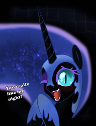 Size: 4580x6000 | Tagged: safe, artist:johnjoseco, artist:rammbrony, artist:sagegami, character:nightmare moon, character:princess luna, species:pony, absurd resolution, bronybait, cute, dialogue, eyeshadow, fangs, female, mare, nicemare moon, one eye closed, open mouth, smiling, solo, wink