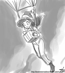 Size: 882x1000 | Tagged: safe, artist:johnjoseco, character:princess luna, species:human, clothing, female, grayscale, hat, humanized, monochrome, parachute, santa hat, solo