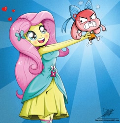 Size: 882x905 | Tagged: safe, artist:the-butch-x, character:fluttershy, my little pony:equestria girls, anais watterson, angry, bare shoulders, blushing, clothing, crossover, dress, fall formal outfits, sleeveless, strapless, sunburst background, the amazing world of gumball, this will end in a beating, this will end in tears