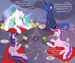 Size: 3000x2500 | Tagged: safe, artist:silfoe, character:princess cadance, character:princess celestia, character:princess luna, character:twilight sparkle, character:twilight sparkle (alicorn), species:alicorn, species:pony, alicorn tetrarchy, alternate hairstyle, angry, civilization, civilization v, computer, faec, female, fire, game night, growling, hair curlers, lan party, laptop computer, mare, pizza, rage-shift, sleepover, teary eyes, video game