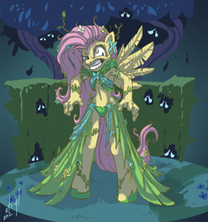 Size: 846x900 | Tagged: safe, artist:atryl, character:fluttershy, species:anthro, species:unguligrade anthro, episode:the best night ever, g4, my little pony: friendship is magic, armpits, belly button, clothing, dress, eyes, female, flutterrage, gala dress, garden, hooves, insanity, midriff, panties, rapeface, scared, scene interpretation, solo, torn clothes, underwear