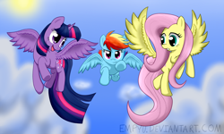 Size: 1000x601 | Tagged: safe, artist:empyu, character:fluttershy, character:rainbow dash, character:twilight sparkle, character:twilight sparkle (alicorn), species:alicorn, species:pony, female, mare