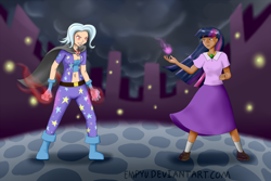 Size: 3000x2000 | Tagged: safe, artist:empyu, character:trixie, character:twilight sparkle, species:human, episode:magic duel, g4, my little pony: friendship is magic, belly button, cleavage, clothing, female, humanized, magic, midriff, skirt