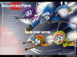 Size: 1637x1212 | Tagged: safe, artist:the-butch-x, character:sunset shimmer, character:twilight sparkle, my little pony:equestria girls, crossover, mordecai, regular show, rigby, video game