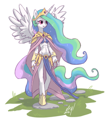 Size: 712x800 | Tagged: safe, artist:atryl, character:princess celestia, species:anthro, species:unguligrade anthro, abs, belly button, bra, cape, clothing, elegant, female, skirt, solo, underwear