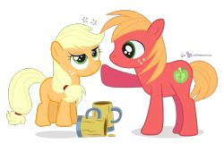 Size: 980x630 | Tagged: safe, artist:dm29, character:applejack, character:big mcintosh, species:earth pony, species:pony, cider, colt, drunk, drunk aj, duo, filly, male, simple background, stallion, transparent background, underaged drinking, younger