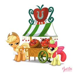 Size: 1152x1152 | Tagged: safe, artist:mysticalpha, character:apple bloom, character:applejack, apple, apple stand