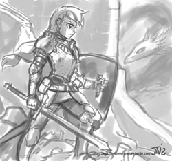 Size: 1280x1200 | Tagged: safe, artist:johnjoseco, character:applejack, species:dragon, species:human, armor, fantasy class, female, grayscale, humanized, monochrome, shield, solo, sword, weapon