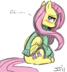 Size: 600x643 | Tagged: safe, artist:johnjoseco, character:fluttershy, blushing, clothing, female, solo, sweater, sweatershy