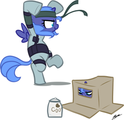 Size: 1022x987 | Tagged: safe, artist:egophiliac, character:princess luna, species:pony, cardboard box, cookie, cookie jar, cosplay, cute, diabetes, female, filly, konami, metal gear, s1 luna, simple background, solid snake, solo, transparent background, woona