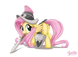 Size: 1240x902 | Tagged: safe, artist:mysticalpha, character:fluttershy, species:pegasus, species:pony, female, flutterbutt, helmet, mare, mouth hold, plot, private pansy, shield, solo, sword