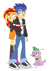 Size: 875x1250 | Tagged: safe, artist:dm29, character:flash sentry, character:spike, character:sunset shimmer, species:dog, species:human, ship:flashimmer, my little pony:equestria girls, cellphone, female, growling, humanized, male, scared, shipping, simple background, spike the dog, straight, transparent background
