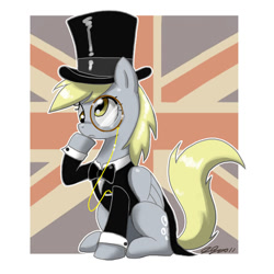 Size: 900x900 | Tagged: safe, artist:johnjoseco, character:derpy hooves, species:pegasus, species:pony, britain, british, clothing, costume, cute, derpabetes, female, hat, mare, monocle, monocle and top hat, solo, top hat, union jack