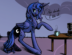 Size: 4000x3067 | Tagged: safe, artist:silfoe, character:princess luna, alternate hairstyle, braid, coffee, dialogue, drink, female, hidden messages, looking at you, luna found the coffee, open mouth, pointing, smiling, solo, table, thor