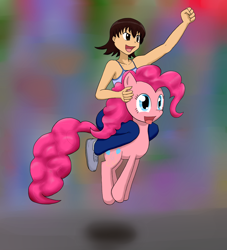 Size: 1500x1650 | Tagged: safe, artist:empyu, character:pinkie pie, species:earth pony, species:human, species:pony, abstract background, azumanga daioh, crossover, duo, humans riding ponies, riding, smiling, takino tomo