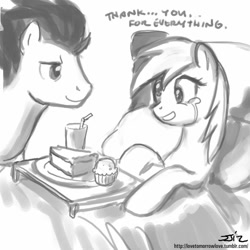 Size: 850x850 | Tagged: safe, artist:johnjoseco, character:derpy hooves, character:soarin', species:pegasus, species:pony, ship:derpin', bed, breakfast in bed, female, grayscale, male, mare, monochrome, muffin, pie, shipping, straight