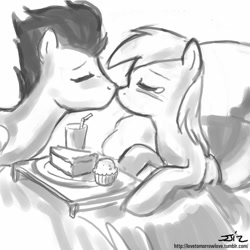 Size: 850x850 | Tagged: safe, artist:johnjoseco, character:derpy hooves, character:soarin', species:pegasus, species:pony, ship:derpin', bed, breakfast in bed, female, grayscale, kissing, male, mare, monochrome, pie, shipping, straight