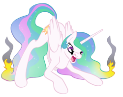 Size: 1548x1229 | Tagged: safe, artist:silfoe, character:princess celestia, species:pony, angry, civilization, civilization v, face down ass up, female, fire, growling, mare, missing accessory, montezuma, nose wrinkle, on fire, open mouth, simple background, solo, transparent background, vector