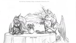 Size: 1280x725 | Tagged: safe, artist:baron engel, character:princess celestia, character:princess luna, drink, grayscale, monochrome, palindrome get, pencil drawing, spit take, table, talking, traditional art