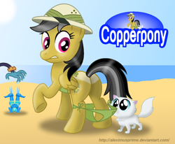 Size: 1024x845 | Tagged: safe, artist:aleximusprime, character:ahuizotl, character:daring do, assisted exposure, beach, bikini, cat, clothing, coppertone parody, plot, sapphire statue, swimsuit