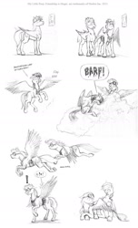 Size: 1008x1656 | Tagged: safe, artist:baron engel, character:blossomforth, character:rainbow dash, oc, oc:sky brush, cloud, comic, fanfic, flying, goggles, monochrome, pencil drawing, traditional art, vomit, weather