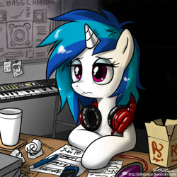 Size: 900x900 | Tagged: safe, artist:johnjoseco, character:dj pon-3, character:octavia melody, character:vinyl scratch, species:earth pony, species:pony, species:unicorn, background pony, ballpoint pen, bass cannon, cellphone, cup, female, headphones, keyboard, mare, morning ponies, music notes, musical instrument, phone, smartphone, solo, sunglasses, synthesizer, working