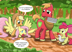 Size: 1200x868 | Tagged: safe, artist:empyu, character:apple bloom, character:applejack, character:big mcintosh, character:fluttershy, species:chicken, species:earth pony, species:pegasus, species:pony, apple siblings, cleaver, crying, dialogue, eyes closed, female, filly, frown, imminent decapitation, implied ponies eating meat, male, mare, meat cleaver, mouth hold, open mouth, prone, restrained, scared, sitting, spread wings, stallion, struggling, text, thanksgiving, tongue out, tradition, wide eyes, wings, yelling