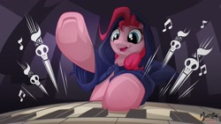 Size: 2560x1440 | Tagged: safe, artist:mysticalpha, character:pinkie pie, episode:castle mane-ia, g4, my little pony: friendship is magic, cloak, clothing, female, low angle, music notes, musical instrument, organ, playing, scene interpretation, solo, wallpaper