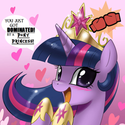 Size: 800x800 | Tagged: safe, artist:johnjoseco, edit, character:twilight sparkle, character:twilight sparkle (alicorn), species:alicorn, species:pony, blushing, cute, dominated, element of magic, female, happy, heart, looking at you, mare, open mouth, pretty princess, smiling, solo, team fortress 2