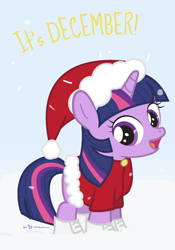 Size: 560x800 | Tagged: safe, artist:dm29, character:twilight sparkle, boots, christmas, clothing, cute, female, filly, filly twilight sparkle, hat, holiday, julian yeo is trying to murder us, looking at you, open mouth, santa costume, santa hat, smiling, snow, snowfall, solo, twiabetes, winter