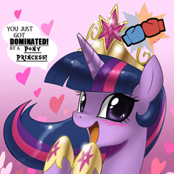 Size: 550x550 | Tagged: safe, artist:johnjoseco, edit, character:twilight sparkle, character:twilight sparkle (alicorn), species:alicorn, species:pony, blushing, boxing gloves, bust, cute, dominated, element of magic, female, happy, heart, looking at you, mare, open mouth, portrait, pretty princess, smiling, solo, team fortress 2, tf2 spray