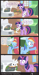 Size: 805x1540 | Tagged: safe, artist:dm29, character:angel bunny, character:rainbow dash, character:twilight sparkle, character:twilight sparkle (alicorn), species:alicorn, species:pony, awkward moment, carrot, caught, comic, cooking, female, fire, fireplace, food, implied hasenpfeffer, magic, mare, not what it looks like, trio