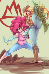 Size: 1280x1920 | Tagged: safe, artist:sundown, character:applejack, character:pinkie pie, species:human, action pose, applebucking thighs, badass, barefoot, chubby, earth pony magic, feet, humanized, light skin, magic, martial arts, plump, weapon, wide hips
