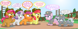Size: 1280x474 | Tagged: safe, artist:aleximusprime, character:apple bloom, character:babs seed, character:diamond tiara, character:scootaloo, character:silver spoon, character:sweetie belle, species:pegasus, species:pony, abuse, angry, boot camp, clothing, cutie mark crusaders, dialogue, drill sergeant, glasses, hat, military uniform, push-ups, silverbuse, speech bubble, spoonabuse, sweat, text, tiara, tiarabuse, uniform