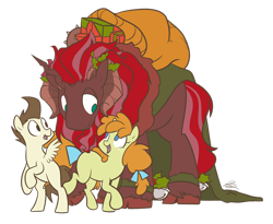 Size: 1280x1050 | Tagged: safe, artist:egophiliac, character:pound cake, character:pumpkin cake, oc, oc:king krampus, species:pegasus, species:pony, species:unicorn, bow, colt, female, filly, hair bow, king krampus, krampus, male, older pound cake, older pumpkin cake, simple background, slice of pony life, tail bow, the lord of aldheim, transparent background, tricorn, tumblr