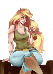 Size: 1280x1793 | Tagged: safe, artist:sundown, character:applejack, species:human, applebucking thighs, blushing, clothing, crossed legs, drink, drinking, female, freckles, humanized, light skin, looking at you, scar, simple background, sitting, solo, tank top, white background, wide hips