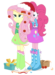 Size: 736x1000 | Tagged: safe, artist:dm29, character:fluttershy, character:pinkie pie, my little pony:equestria girls, balloon, boots, bow tie, candy cane, christmas tree, clothing, duo, fluttertree, hat, high heel boots, ornaments, present, santa hat, simple background, skirt, streamers, transparent background, unamused