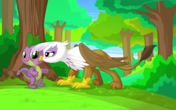 Size: 2560x1600 | Tagged: safe, artist:mysticalpha, character:gilda, character:spike, species:griffon, ship:spilda, bedroom eyes, blushing, bush, commission, cute, female, forest, grass, kissing, male, shipping, spikelove, straight, tree, wallpaper