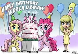 Size: 1000x692 | Tagged: safe, artist:johnjoseco, character:fluttershy, character:pinkie pie, species:earth pony, species:pegasus, species:pony, andrea libman, birthday, cake, food, party, voice actor