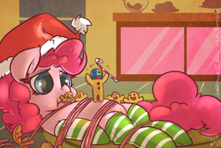 Size: 1200x807 | Tagged: safe, artist:atryl, character:pinkie pie, species:earth pony, species:pony, bondage, braveheart, candy cane, clothing, female, food, gingerbread man, gulliver's travels, hat, licorice, mare, parody, rope, santa hat, size difference, socks, tied up, william wallace