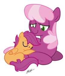 Size: 800x941 | Tagged: dead source, safe, artist:egophiliac, character:cheerilee, character:scootaloo, species:earth pony, species:pegasus, species:pony, duo, duo female, female, filly, mare, scootalove, sleeping
