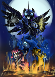 Size: 1000x1405 | Tagged: dead source, safe, artist:atryl, character:nightmare moon, character:pinkie pie, character:princess luna, oc, species:anthro, metal, moon, puppet