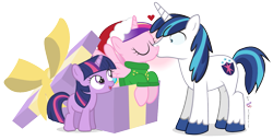 Size: 1125x575 | Tagged: safe, artist:dm29, character:princess cadance, character:shining armor, character:twilight sparkle, gift box, heart, kissing, simple background, transparent background, trio