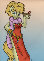 Size: 744x1024 | Tagged: safe, artist:atryl, artist:muh-arts, character:aunt orange, species:anthro, species:earth pony, species:pony, clothing, dress, drink, female, gradient background, hand on hip, solo