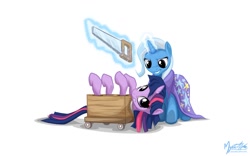 Size: 1680x1050 | Tagged: safe, artist:mysticalpha, character:trixie, character:twilight sparkle, box, box sawing trick, cape, clothing, crosscut saw, magic, magic trick, on back, saw, simple background, this will end in tears, trixie's cape, wallpaper, white background