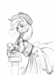 Size: 1100x1515 | Tagged: safe, artist:baron engel, character:applejack, clothing, dress, female, looking at you, monochrome, pencil drawing, solo, traditional art