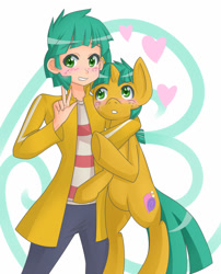 Size: 809x1000 | Tagged: safe, artist:jonfawkes, character:snails, species:human, species:pony, bipedal, blushing, clothing, cute, grin, heart, hug, human ponidox, humanized, jacket, light skin, looking at you, pants, peace sign, ponidox, shirt, smiling, underhoof