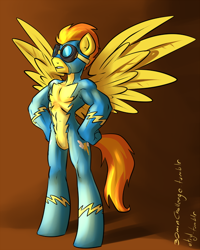 Size: 500x626 | Tagged: safe, artist:atryl, character:spitfire, species:anthro, species:unguligrade anthro, 30 minute art challenge, firestorm, muscles, rule 63