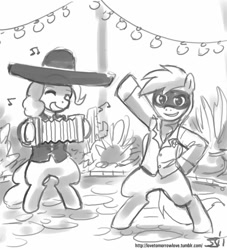 Size: 909x1000 | Tagged: safe, artist:johnjoseco, character:pinkie pie, character:rainbow dash, accordion, accordion thief, clothing, costume, crossover, dancing, disco bandit, grayscale, hat, kingdom of loathing, mask, monochrome, musical instrument